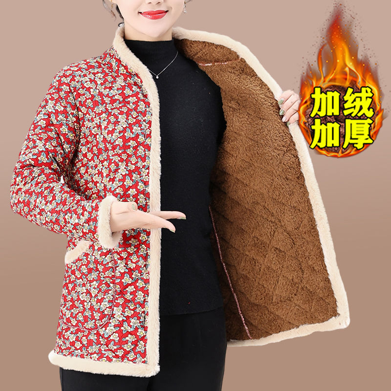 Middle-aged and elderly women's cotton-padded clothes, new style, velvet floral cotton-padded clothes, mother's coat, thickened and warm cotton-padded jacket in winter