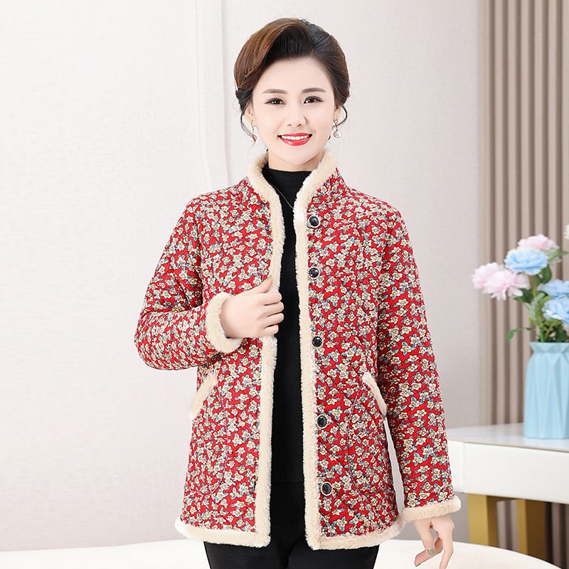 Middle-aged and elderly women's cotton-padded clothes, new style, velvet floral cotton-padded clothes, mother's coat, thickened and warm cotton-padded jacket in winter