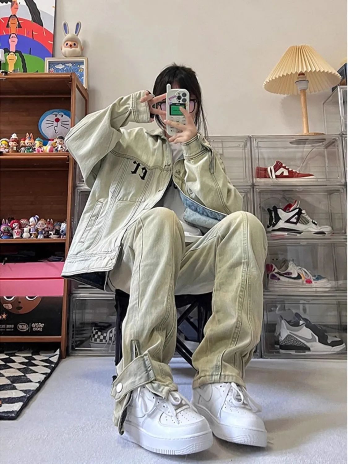 黃泥色牛仔褲女春秋新款潮牌美式高街hiphop設計感直筒顯瘦長褲子