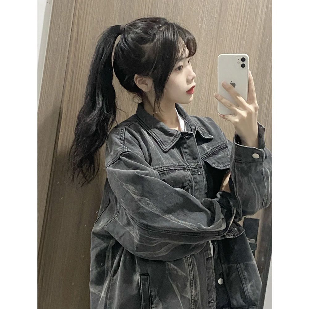 黑色牛仔外套女美式復古水洗oversize秋冬新款設計感小眾上衣春秋