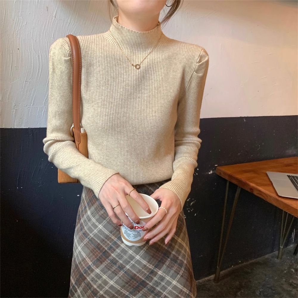 Autumn and winter 2024 new style half turtleneck fashionable sweater for women with puff sleeves and inner sweater high-end bottoming top T