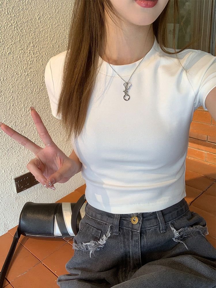 夏季新款設計感小眾正肩短款t恤女純欲短袖百搭修身上衣服ins潮流