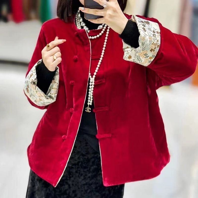 National trend winter new new Chinese style national style velvet stitching three-dimensional jacquard embroidery reversible cotton jacket for women