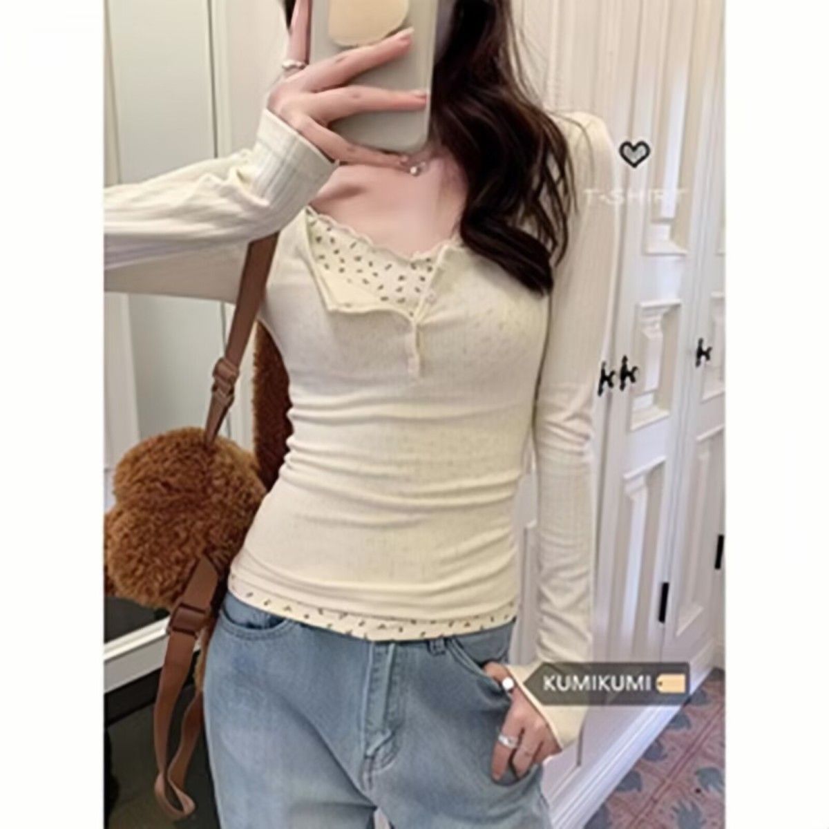 Pure desire bm fake two-piece spliced ​​floral long-sleeved T-shirt for women in spring and autumn slimming bottoming shirt with trendy top