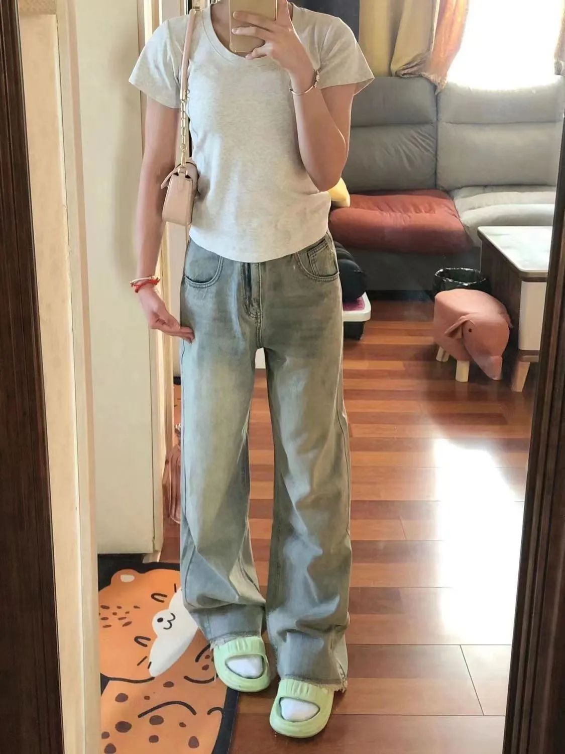 美式復古淺色黃泥窄版闊腿牛仔褲女春秋款高腰垂感毛邊寬鬆直筒褲