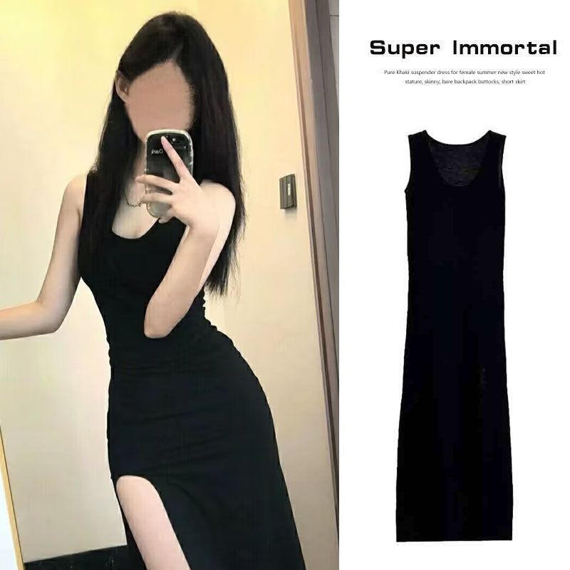 Sweet hot girl black suspender dress women's waist slimming pure lusty temperament bottoming bag hip slit long skirt