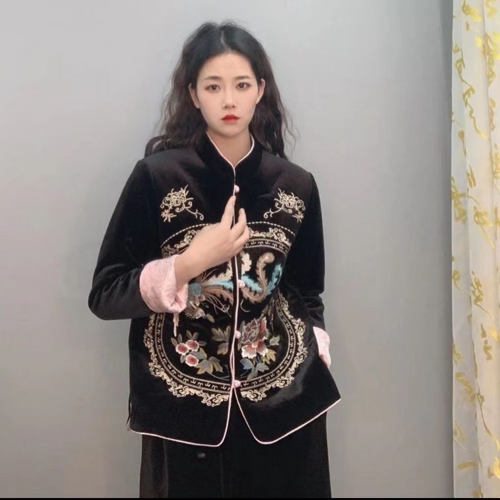 New style cotton clothing heavy industry positioning embroidery new Chinese style national style golden velvet high-end foreign style Phoenix top plate button cotton coat