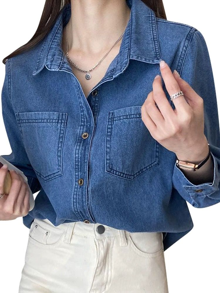 蓝色牛仔衬衫女春秋2024新款宽松显瘦长袖上衣设计感小众衬衣外套