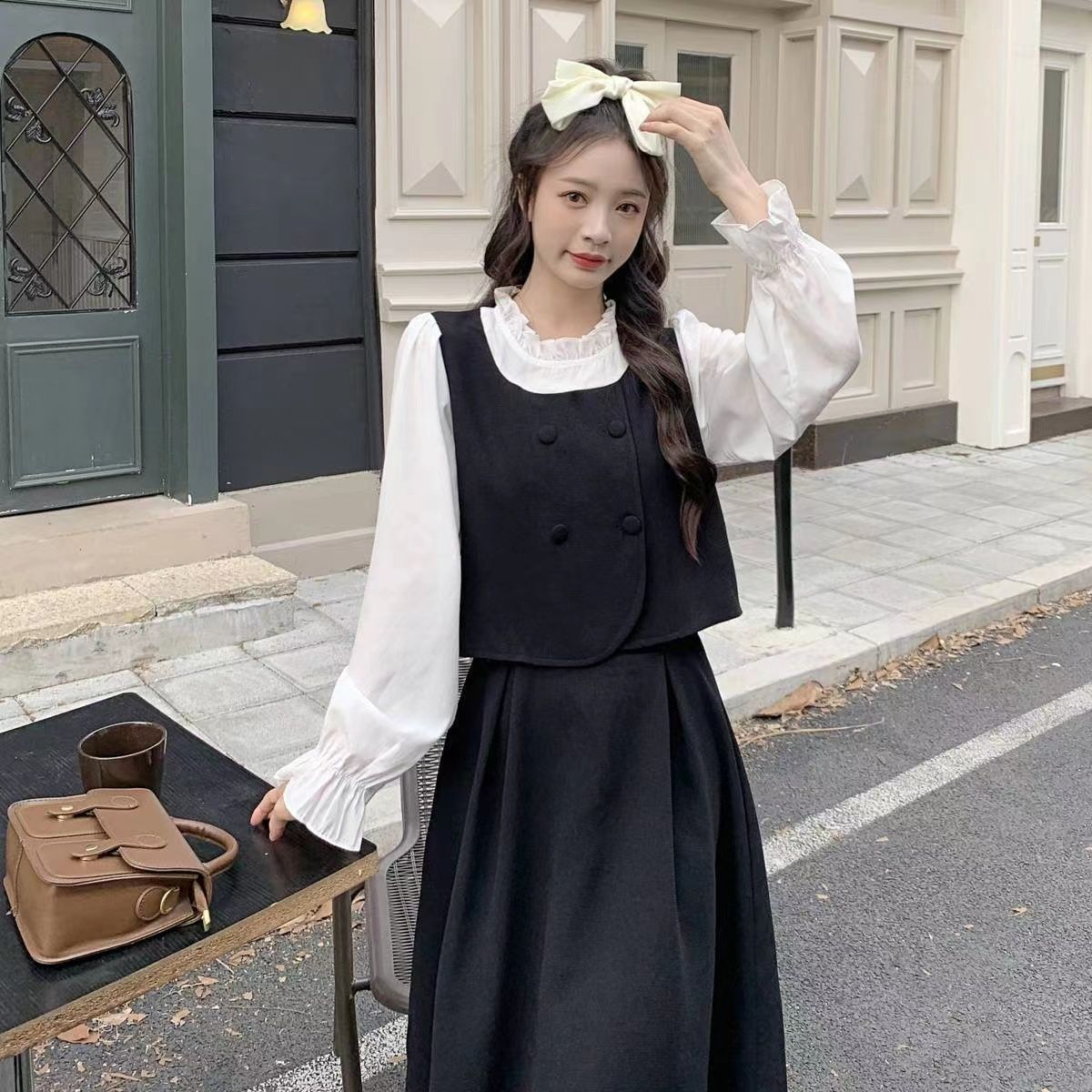 Large size fat mm long-sleeved fake two-piece dress spring and autumn new sweet age-reducing slimming belly-covering temperament a-line skirt