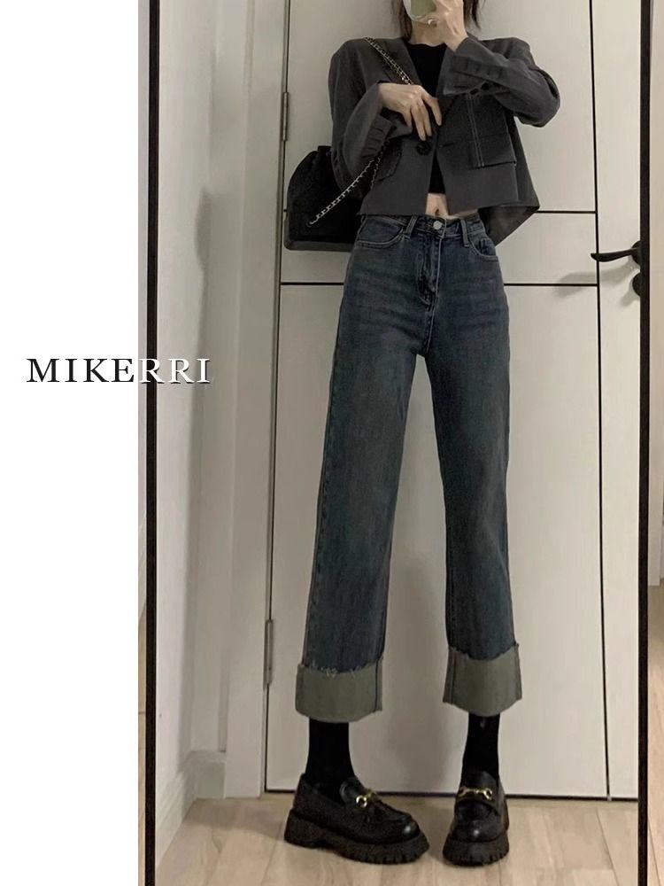 高腰彈力卷邊直筒牛仔褲女春秋款梨形身材顯瘦九分褲窄版煙管褲子