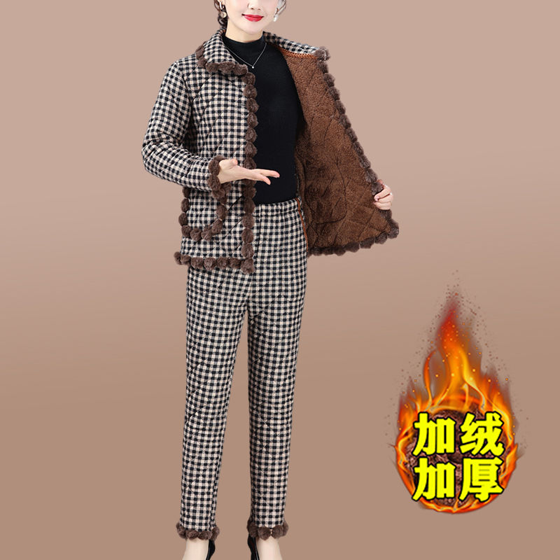 Mother's cotton coat and trousers two-piece set plus velvet and thickening new cold-proof suit middle-aged and elderly women's winter new cotton coat