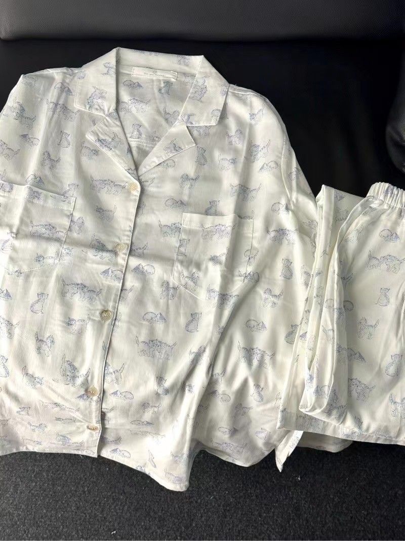 日系ins風可愛小貓印花睡衣女春秋款純棉長袖薄款學生家居服套裝