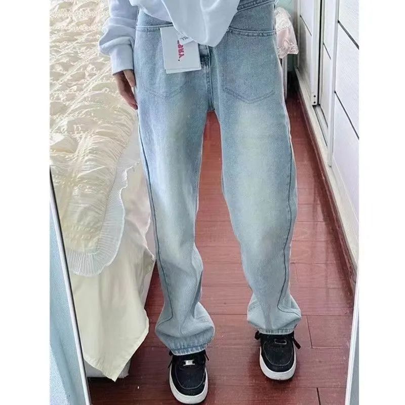 復古窄版闊腿牛仔褲女小個子春秋季新款顯瘦寬鬆高腰淺色直筒褲子