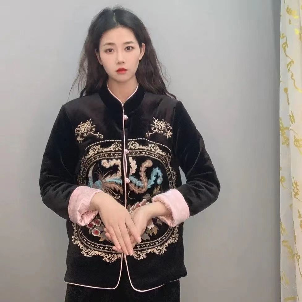 Embroidered plate buckle retro velvet jacket for women early spring new gold velvet high-end age-reducing top design trendy outerwear