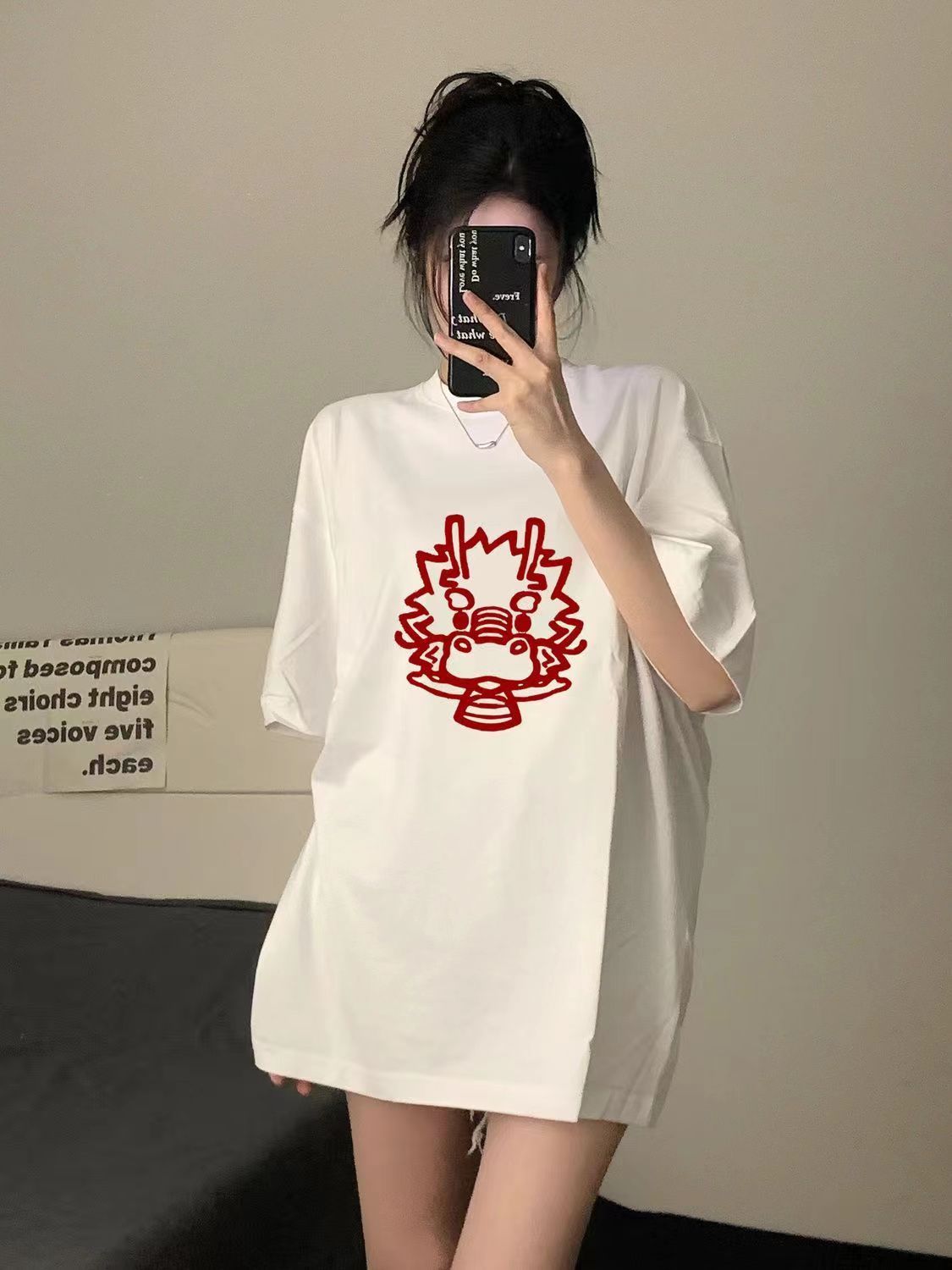 純棉卡通印花短袖t恤女2024龍年新款夏季寬鬆白色圓領上衣ins顯瘦