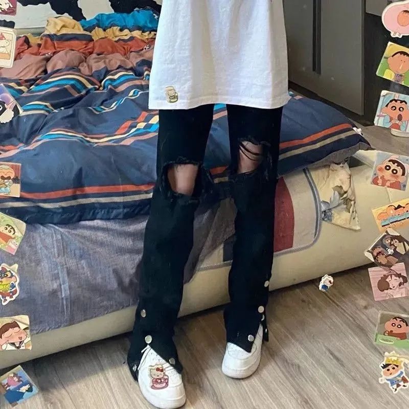 黑色破洞直筒牛仔褲女春秋季2023新款爆款小個子高腰顯瘦拖地褲子