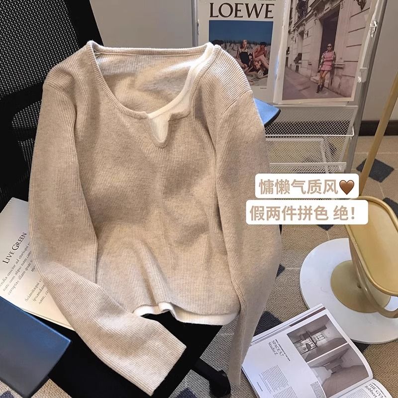 Apricot ins style soft and waxy fake two-piece knitted sweater women's bottoming shirt 2024 autumn and winter niche T-shirt with top trendy