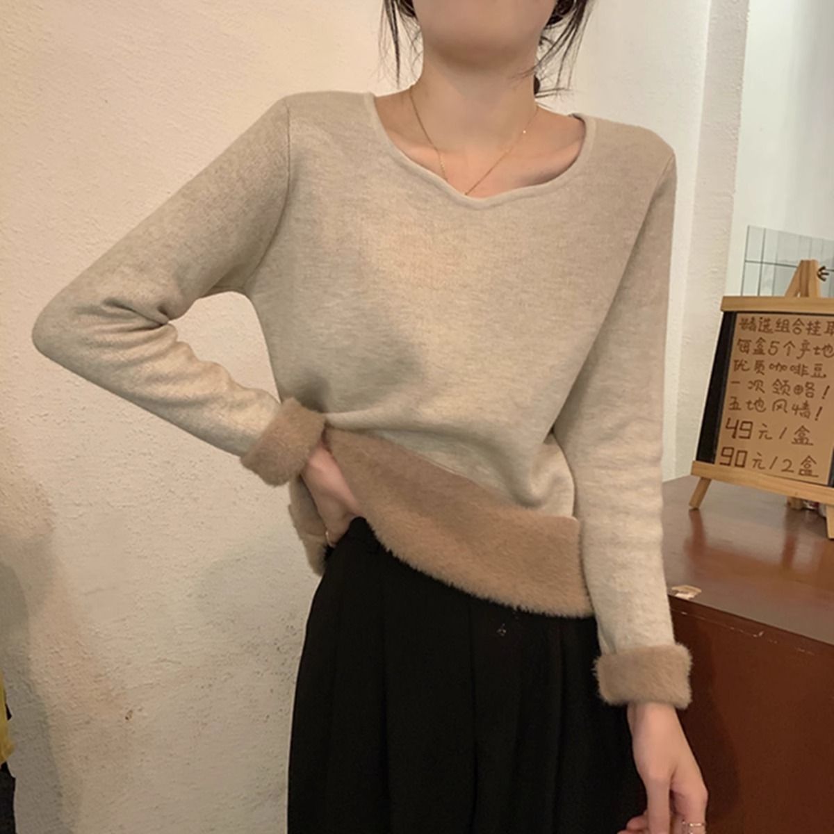 加絨打底衫女內搭毛衣2024年新款秋冬百搭方領長袖T正肩保暖上衣