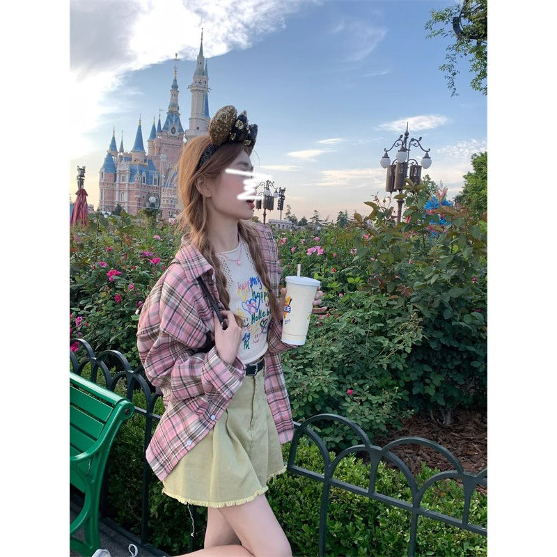 美式復古撞色格子長袖襯衣女2024春季寬鬆休閒襯衫中長款百搭上衣