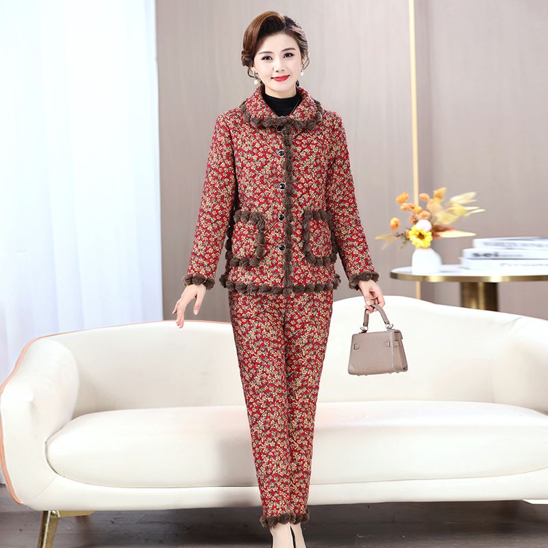 Mother's cotton coat and trousers two-piece set plus velvet and thickening new cold-proof suit middle-aged and elderly women's winter new cotton coat