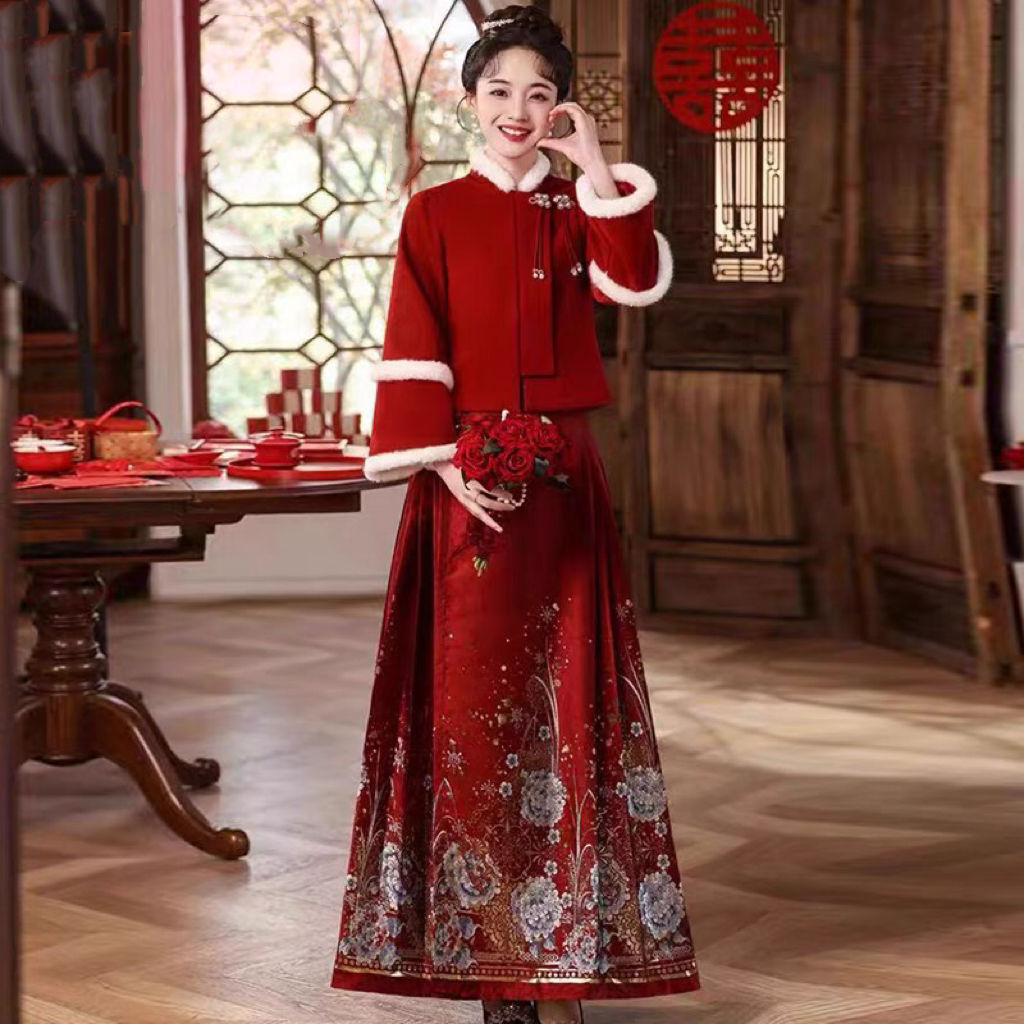 大碼胖mm中式國風漢服新年紅色馬面裙+加厚上衣訂婚禮服套裝200斤