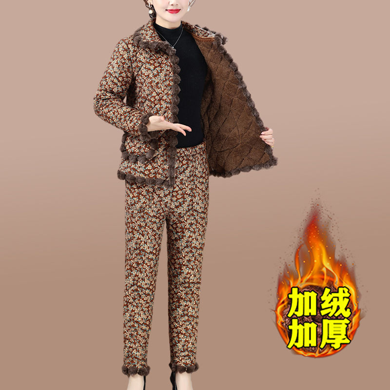 Mother's cotton coat and trousers two-piece set plus velvet and thickening new cold-proof suit middle-aged and elderly women's winter new cotton coat