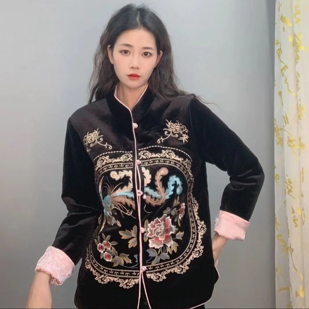 Autumn and winter hot style retro version gold velvet national style cotton coat embroidered cotton coat new Chinese style stand collar quilted warm jacket