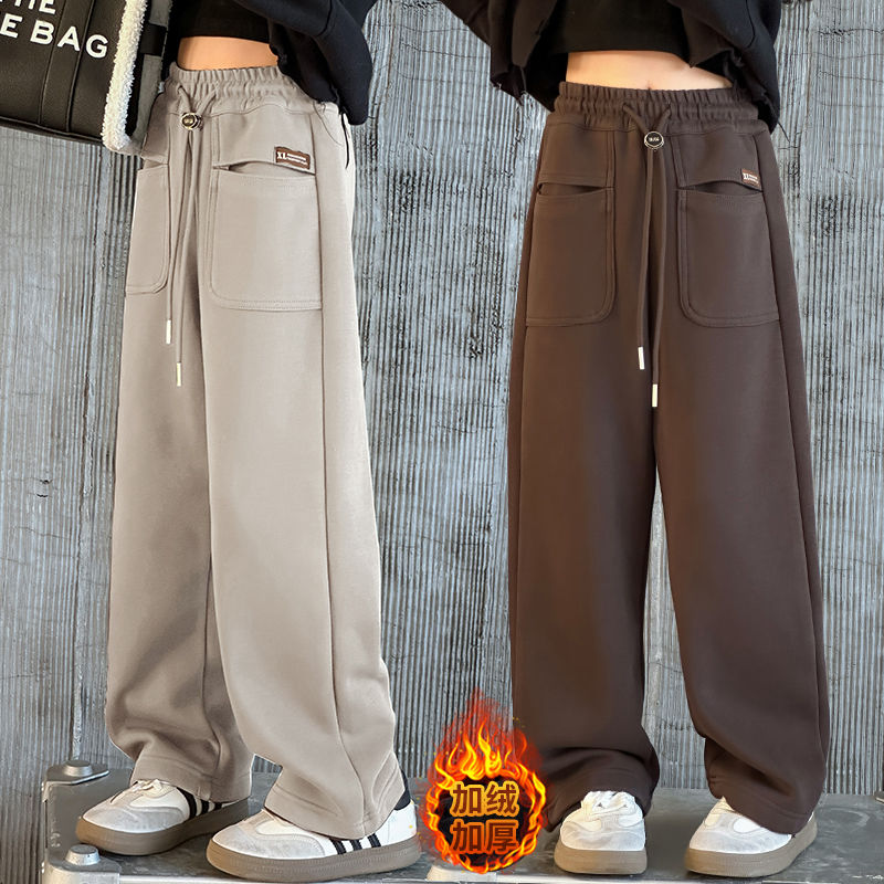 女童冬裝拖地褲2023新款韓版兒童時髦洋氣加絨加厚長褲大童闊腿褲