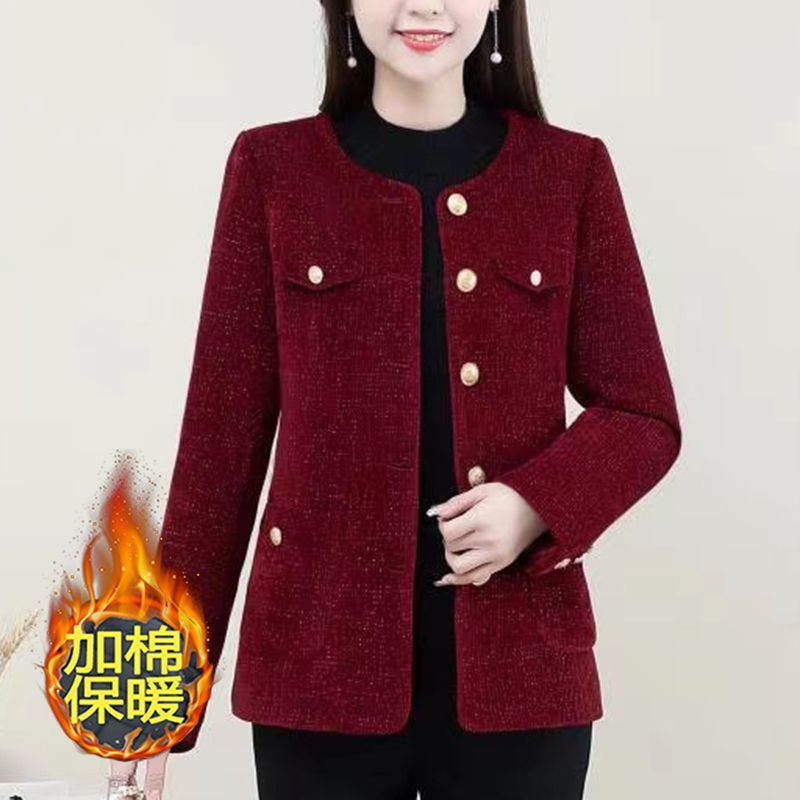 Mom's Spring and Autumn Style Small Fragrance Jacket New Women's Clothing Temperament Round Neck Temperament Short Woolen Jacket Tops for Women