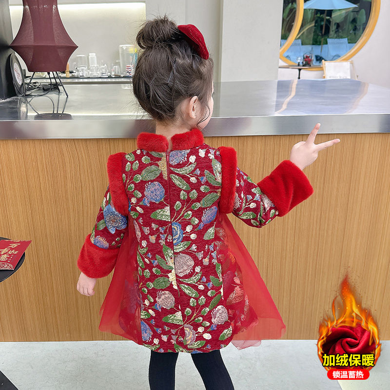 女童红色网纱年服加绒新年衣服宝宝中国风夹棉宫廷旗袍裙拜年服冬