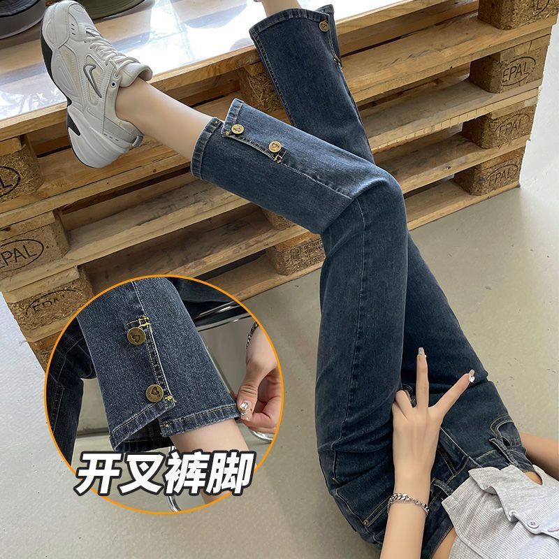 設計感藍灰色直筒牛仔褲女2024春季新款高腰設計感開叉九分小個子