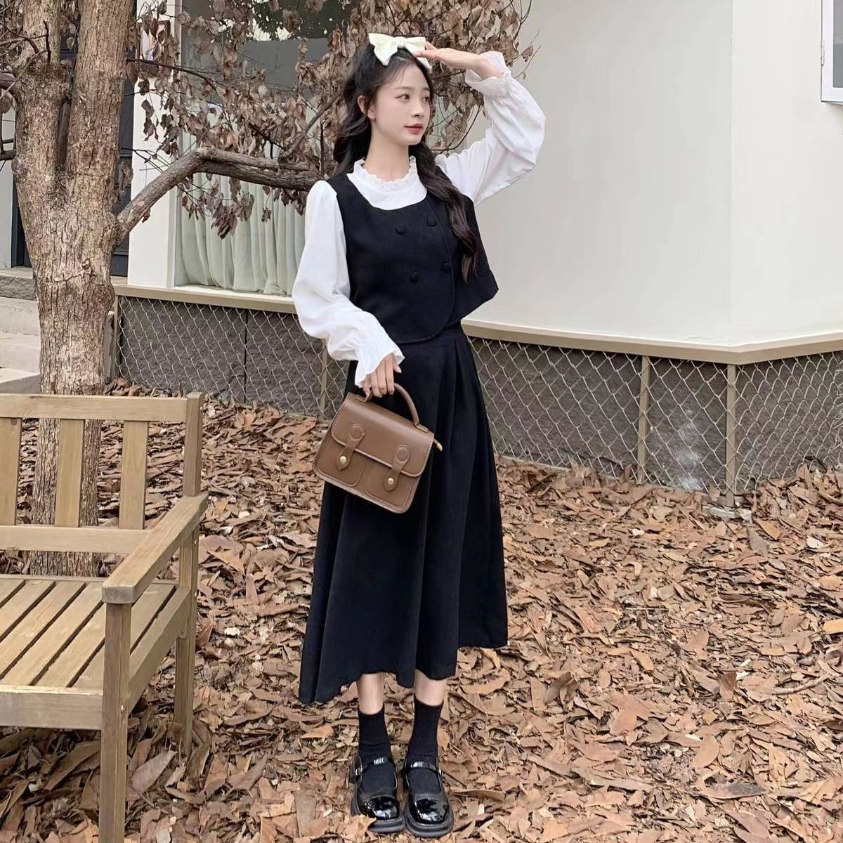 Large size fat mm long-sleeved fake two-piece dress spring and autumn new sweet age-reducing slimming belly-covering temperament a-line skirt