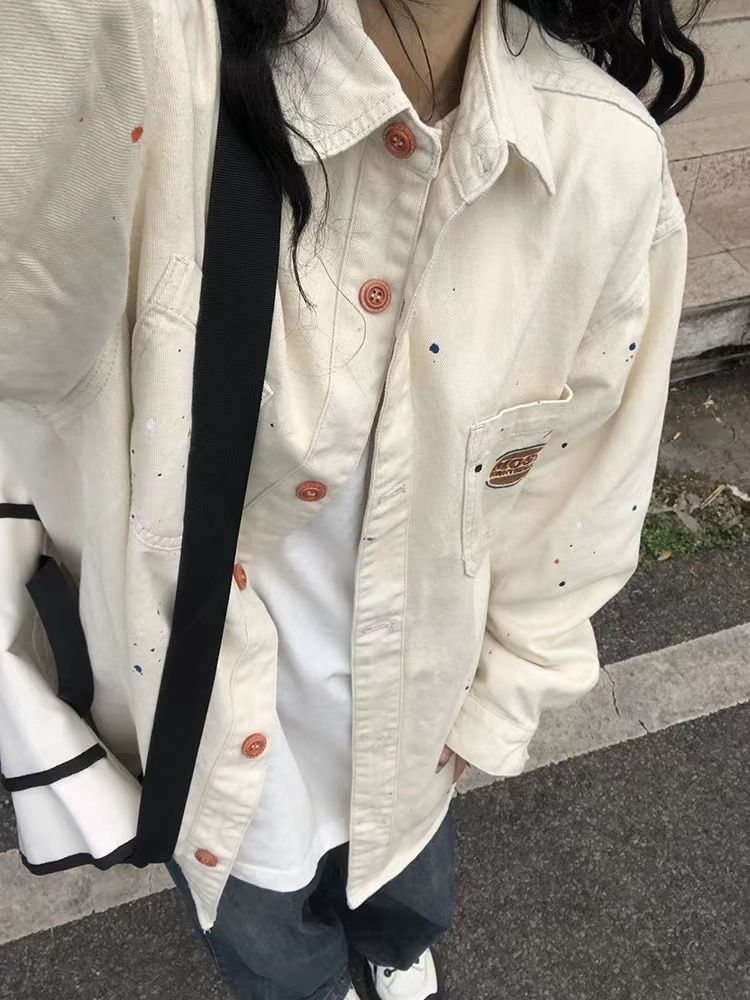 美式復古辣妹牛仔外套襯衫慵懶潑墨設計高級寬鬆vintage夾克上衣