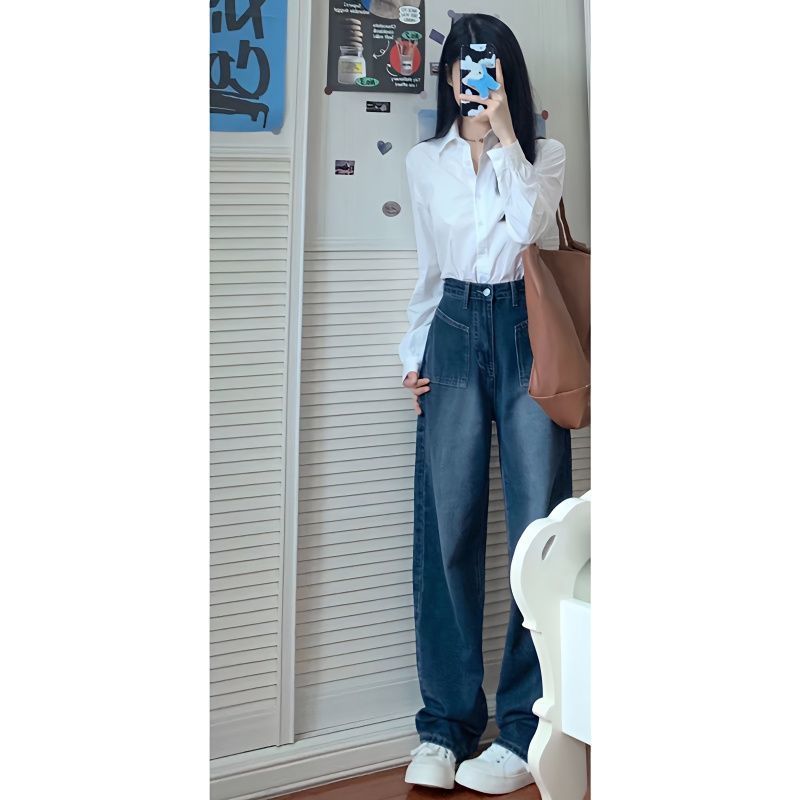 設計感復古高腰水洗藍色牛仔褲女春季直筒顯瘦寬鬆百搭闊腿長褲子