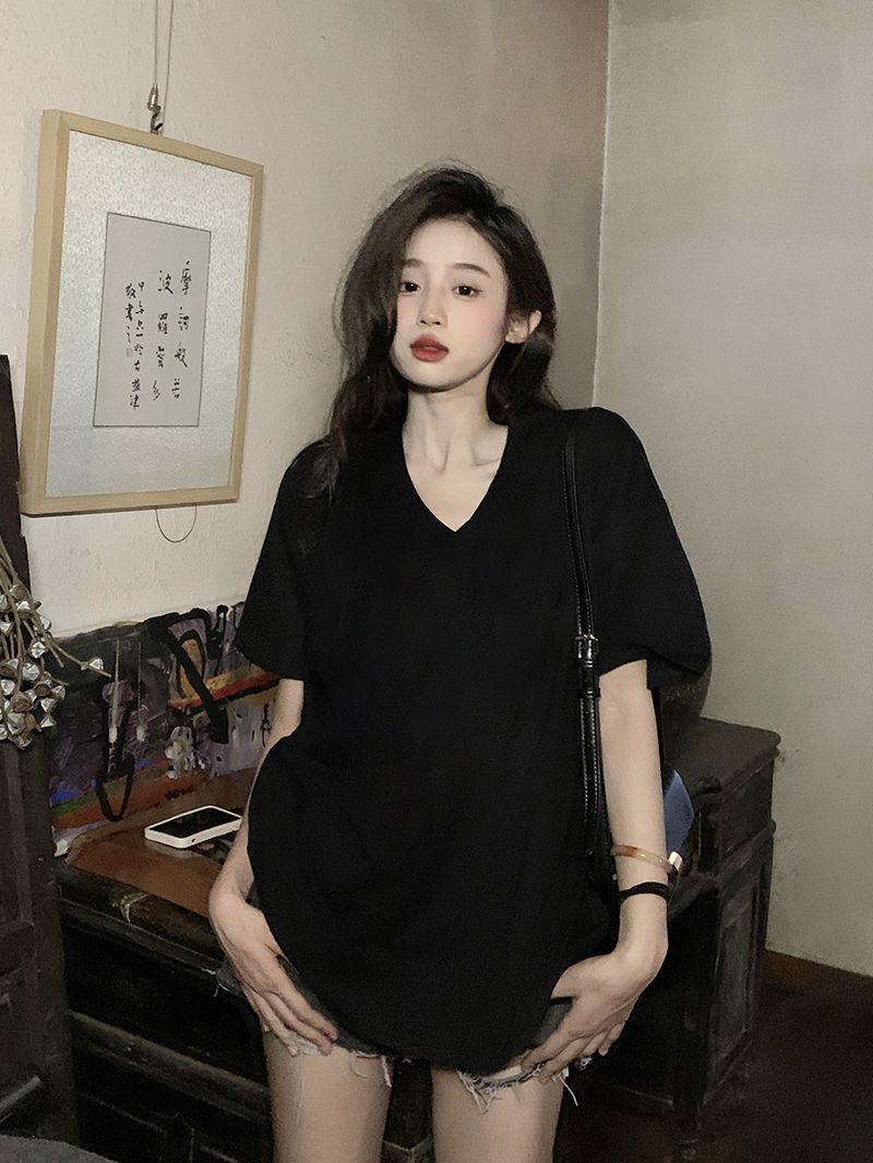 100%純棉短袖女新款夏季女生短袖衫V領寬鬆黑色t恤女裝氣質上衣潮