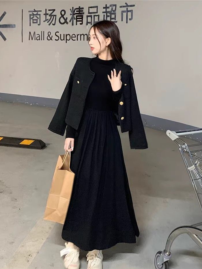 Hepburn style half-high collar long-sleeved dress women's new waist slimming mid-length style with A-line large hem skirt