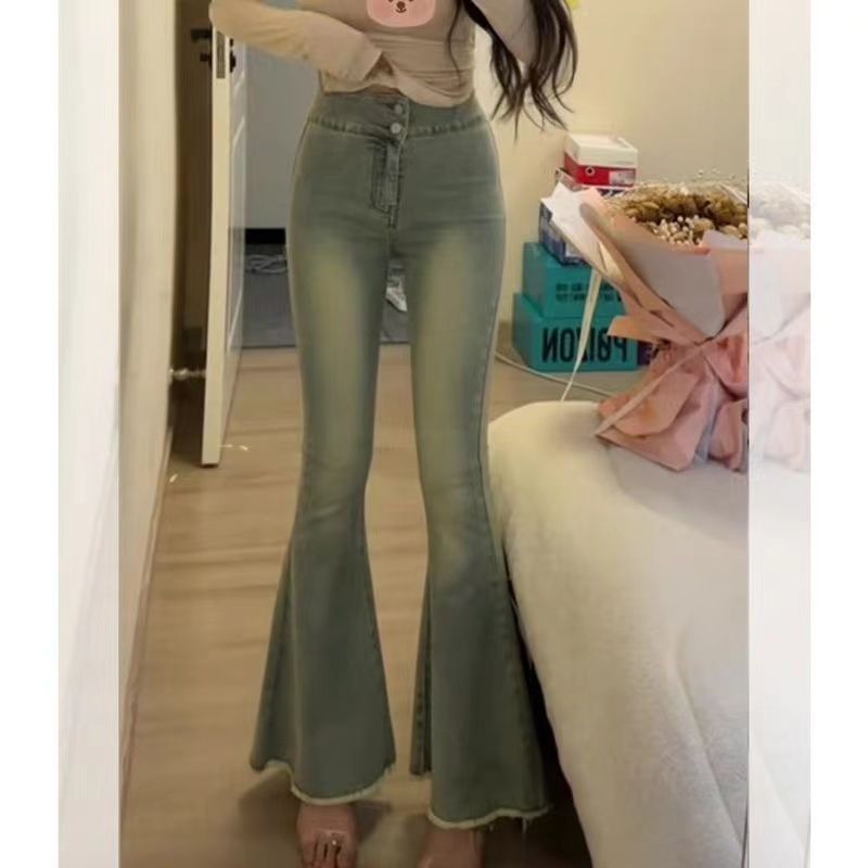 美式辣妹大喇叭牛仔褲女春夏高腰顯瘦復古設計感毛邊闊腿拖地褲子