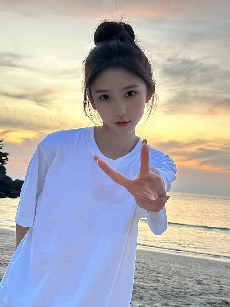 100%純棉短袖t恤女夏季新款寬鬆百搭顯瘦純色半袖休閒ins風上衣服