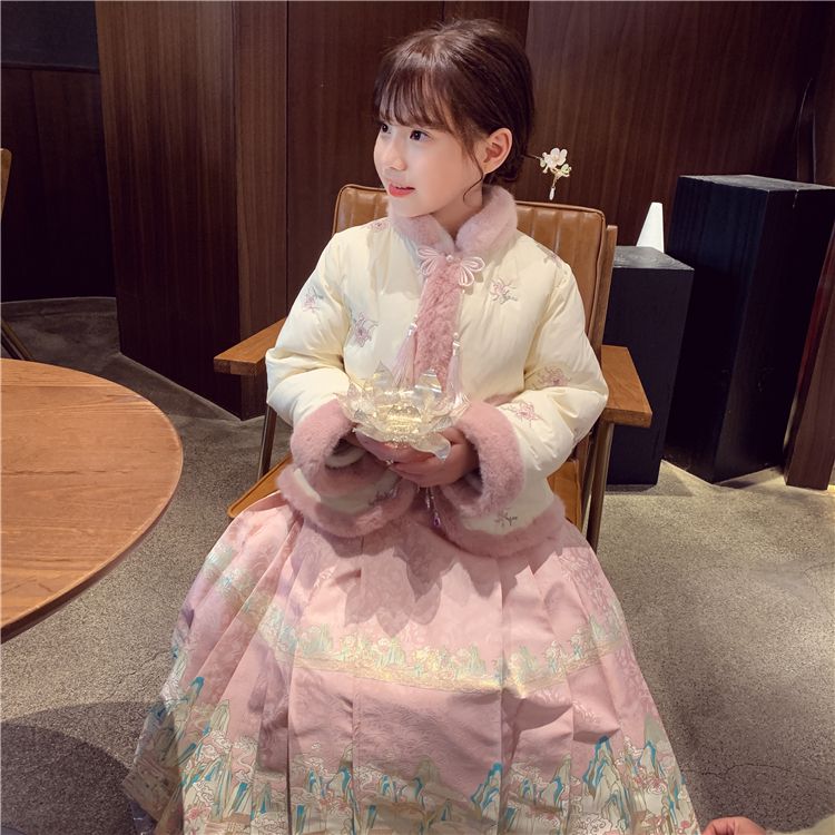 女童中國加絨漢服套裝2023新款唐裝冬季馬面裙加厚兒童新年拜年服