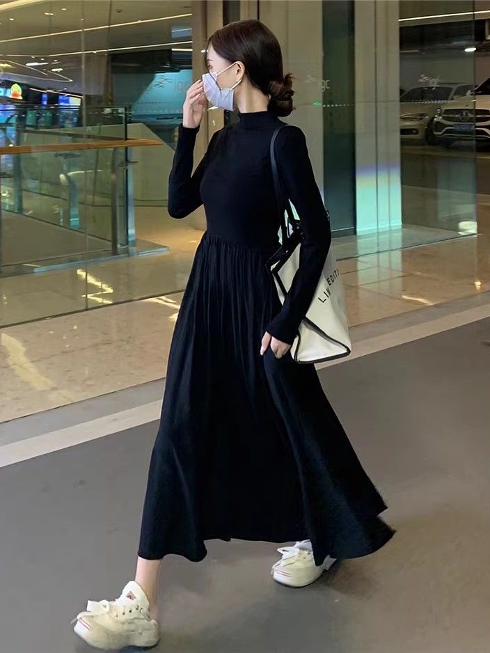 Hepburn style half-high collar long-sleeved dress women's new waist slimming mid-length style with A-line large hem skirt