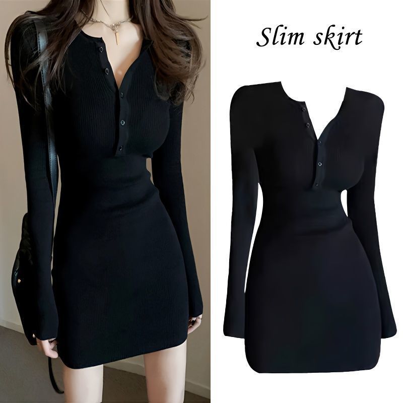 2023 new black long-sleeved dress for women in autumn and winter, slim-fitting and slim-fitting inner bottoming hip-covering short skirt for hot girls