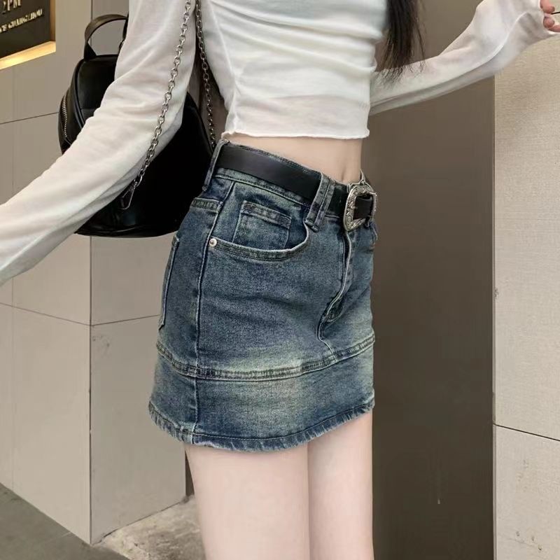 Retro distressed denim skirt for hot girls in spring, high waist hip skirt, anti-exposure culottes, short skirt for small people