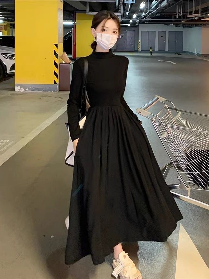 Hepburn style half-high collar long-sleeved dress women's new waist slimming mid-length style with A-line large hem skirt