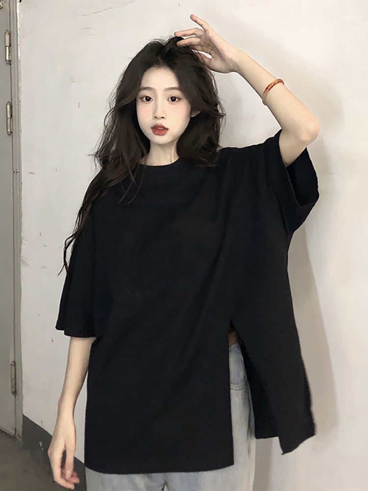 100%纯棉t恤女夏季韩版2024新款宽松设计感开叉黑色百搭短袖上衣