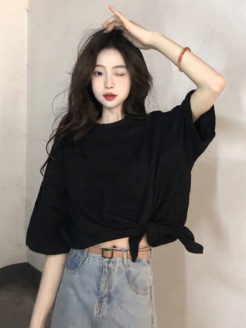 100%纯棉t恤女夏季韩版2024新款宽松设计感开叉黑色百搭短袖上衣