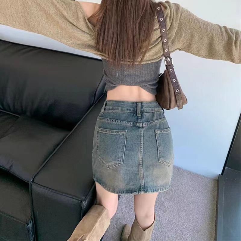Retro distressed hottie anti-exposure denim skirt for women spring new high-waisted A-line skirt hip-covering short skirt culottes