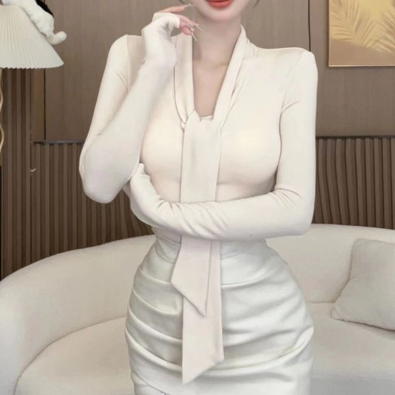 韩版系带V领长袖T恤女春秋冬新款法式气质修身磨毛加绒打底衫上衣