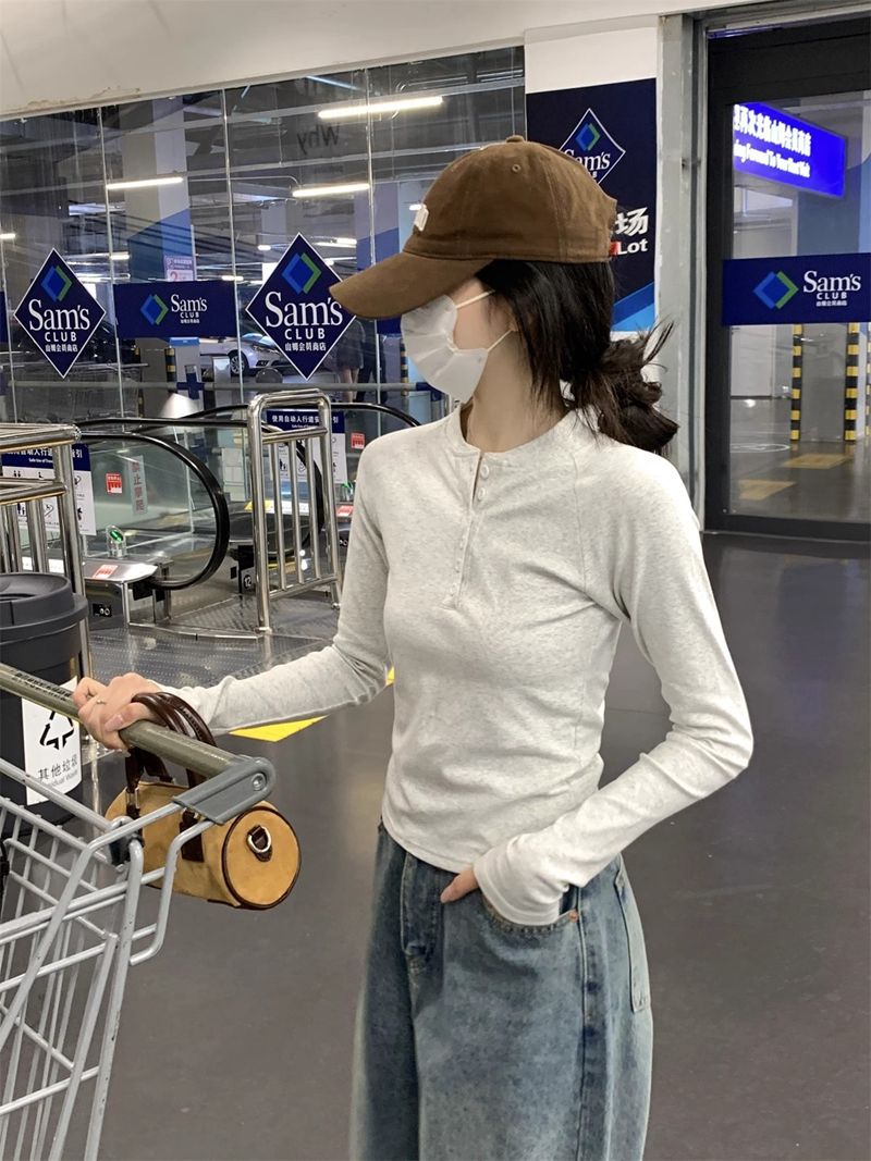 韓系穿搭紐扣插肩長袖T恤女早春新款純棉內搭修身顯瘦打底衫上衣