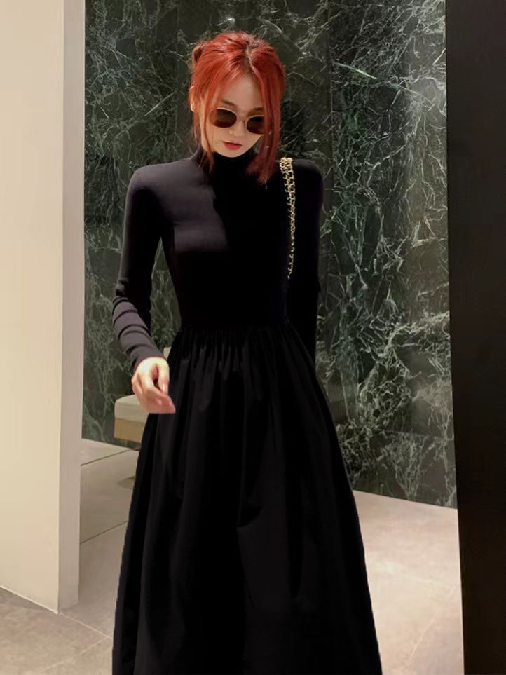 French high-waist slim dress for women  spring and autumn new Hepburn style skirt tea break French bottoming long skirt