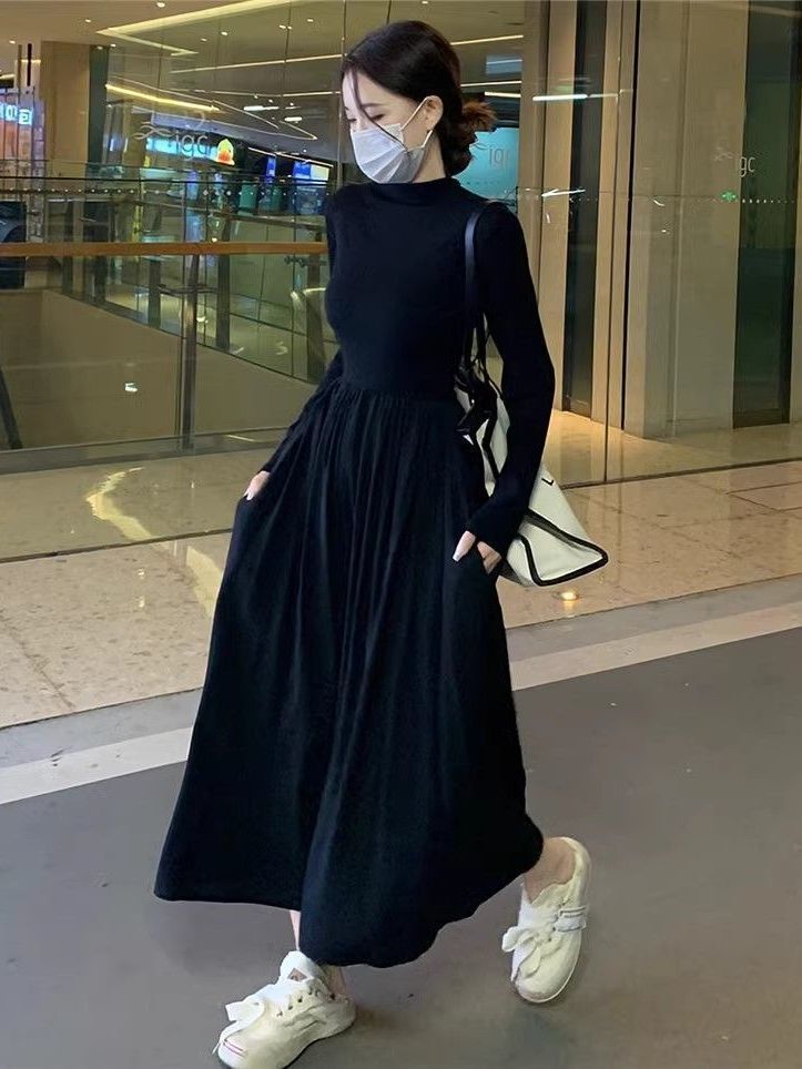 Hepburn style half-high collar long-sleeved dress women's new waist slimming mid-length style with A-line large hem skirt